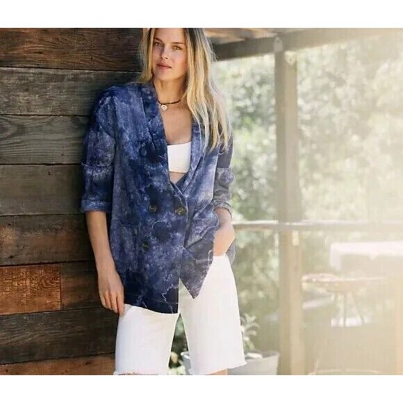 Amadi Anthropologie Blazer Jacket Medium‎ Purple Tie Dye Double Breasted Pockets - Picture 3 of 15